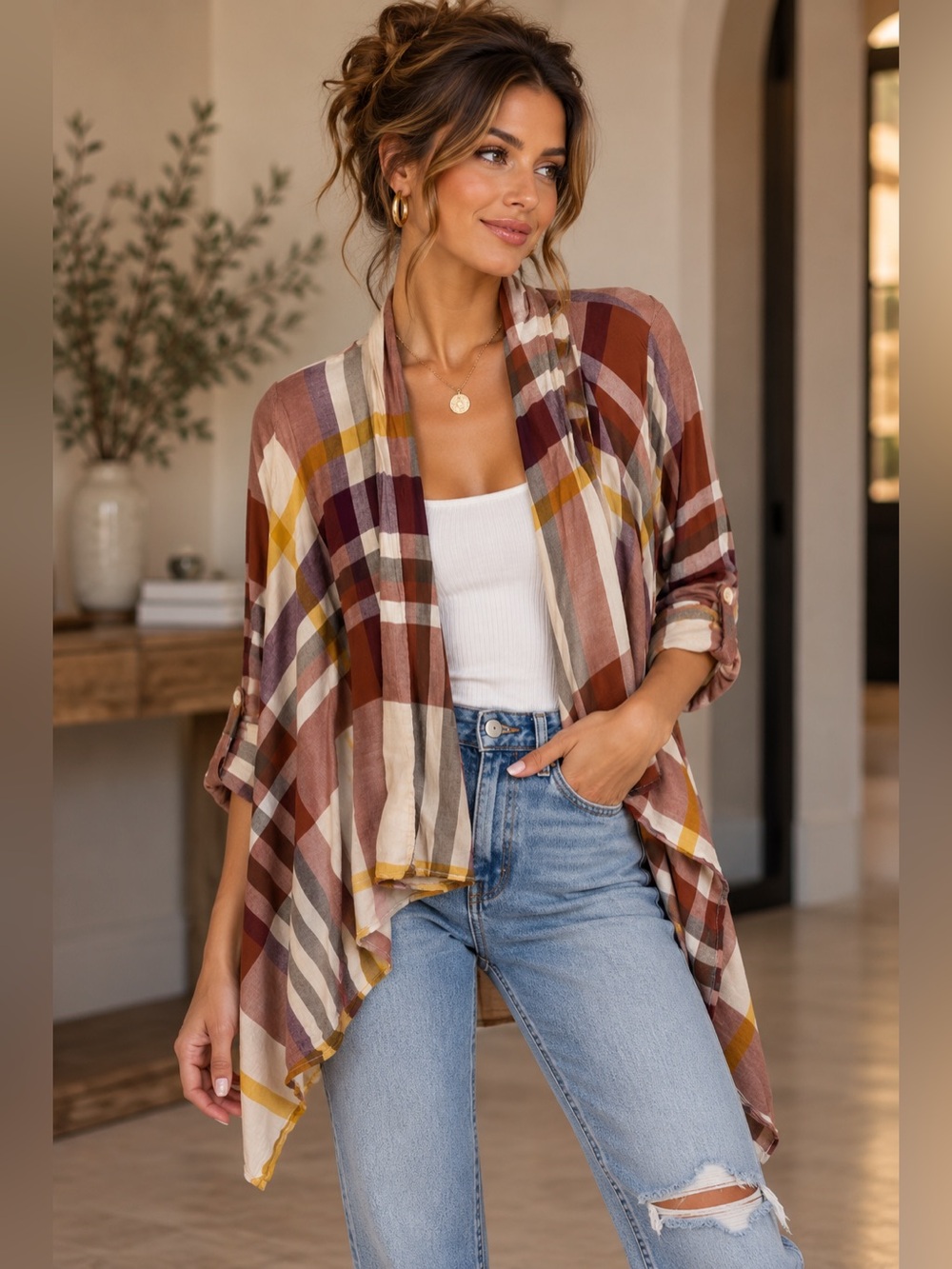 Anthropologie Est. 1946 Size L Plaid Draped Open Front Cardigan Jacket Cotton